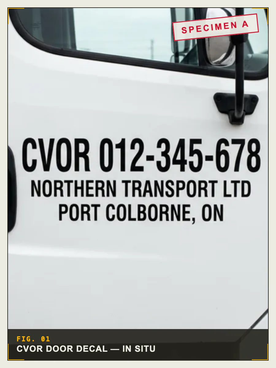 Ontario CVOR door decals applied to commercial truck — MTO inspection-ready vinyl lettering